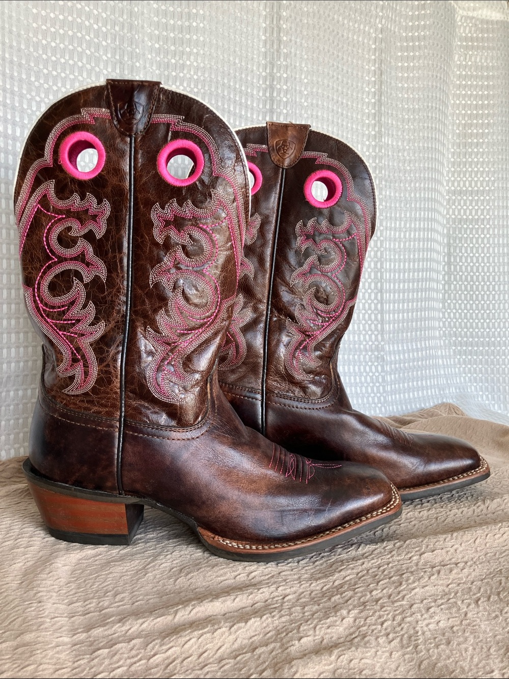 Ariat Crossfire Brown Pink Leather Square Toe Western Cowboy Boots Women's 10B